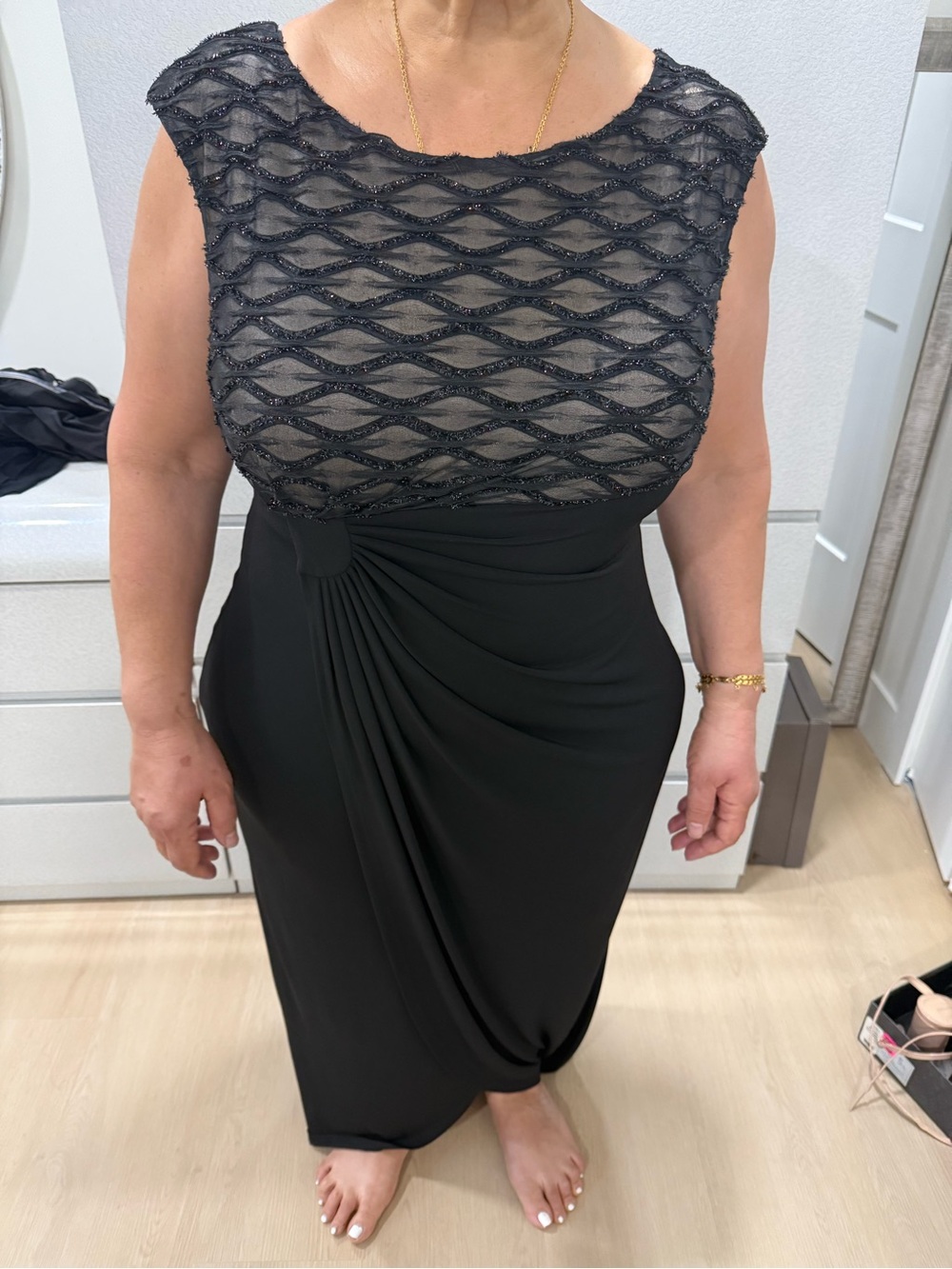Connected Apparel Black Beaded Dress with Nude Lining